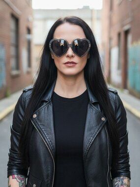 Killstar ✦ Disco Enfer Sunglasses ✦ Black Glitter Heart Frame w/ Pentagram Arms